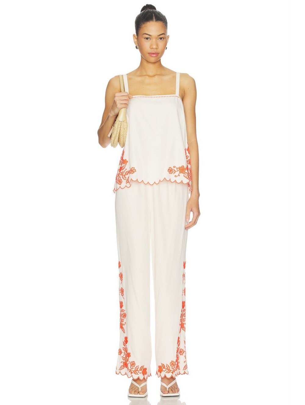 NWT Amanda Uprichard Cream Linen Embroidered Coraline Pants - Size Medium